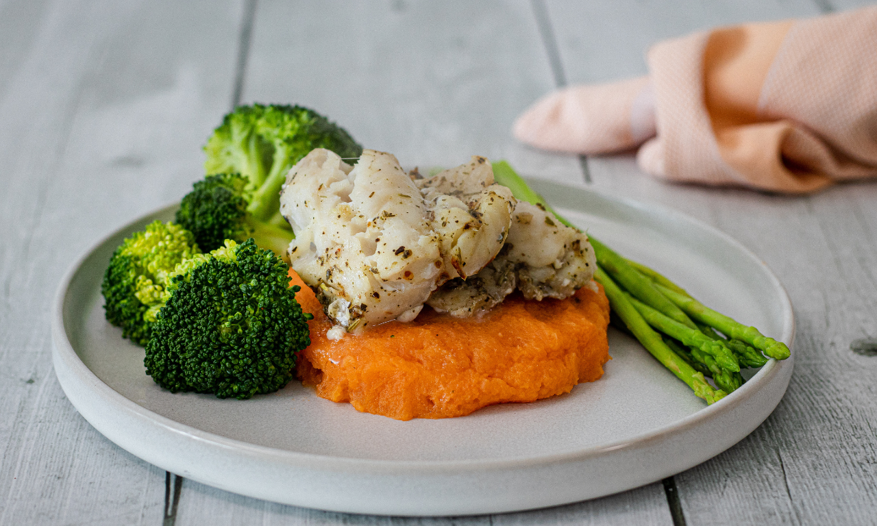 Lemon Hake With Mash & Greens
