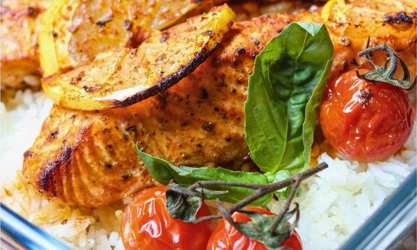 Salmon, Rice & Tomato Tray Bake