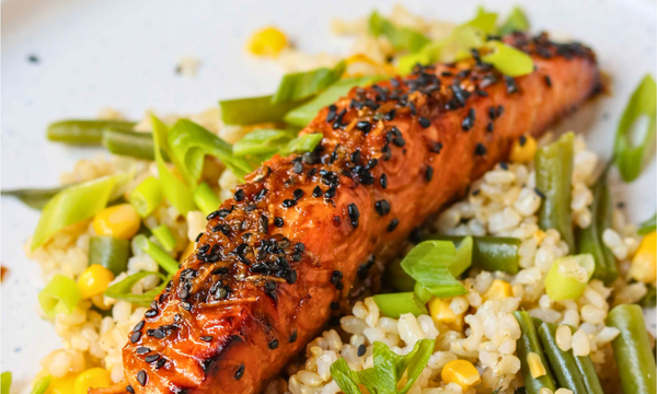 Salmon Teriyaki with Green Beans and Sweetcorn Rice